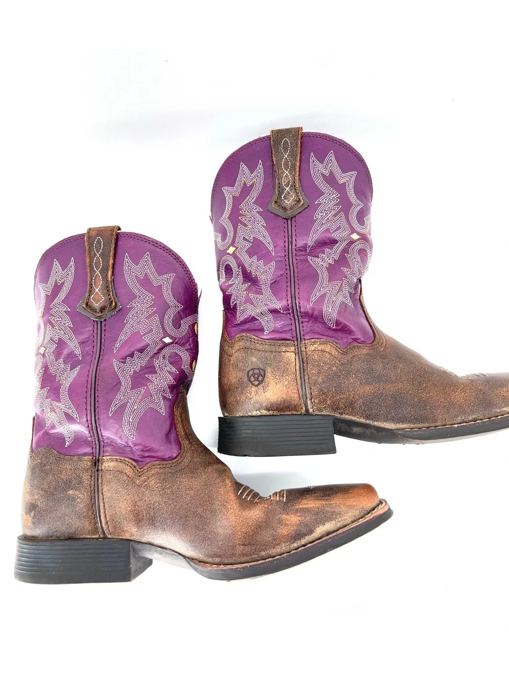 ARIAT GIRLS' TOMBSTONE WESTERN BOOTS BROAD SQUARE TOE Sz 5 Purple Brown Cowgirl
